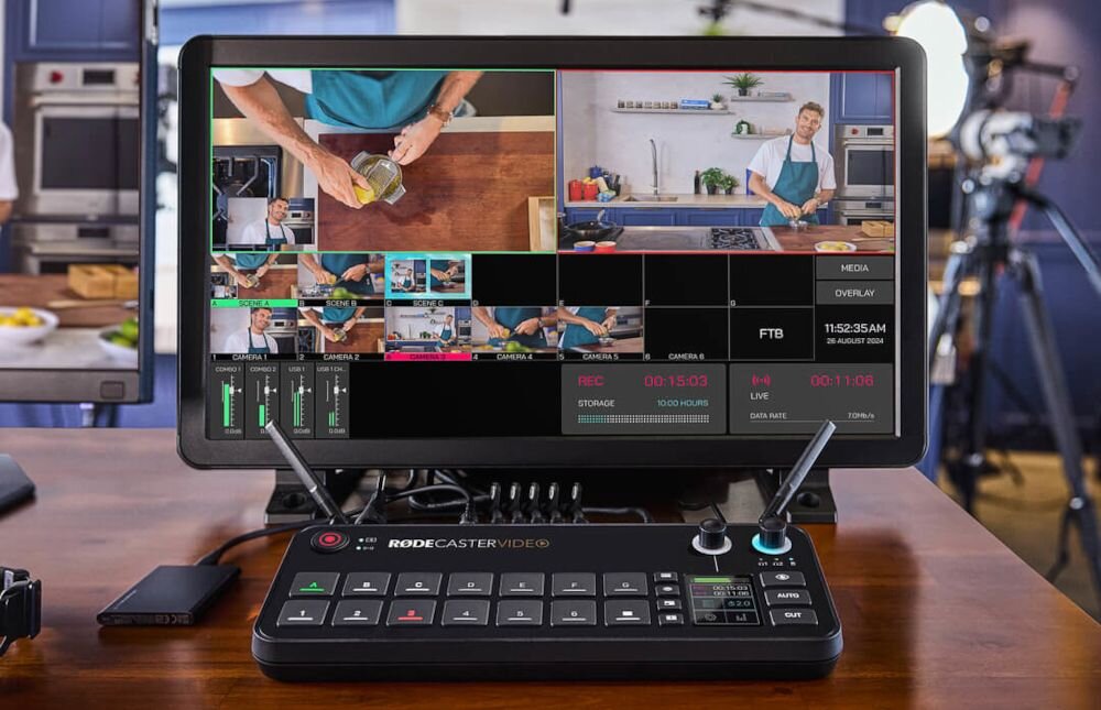 Mikser audio RODE Rodecaster Video bez uzycia rak, automatyczne przelaczanie, mikser na biurku