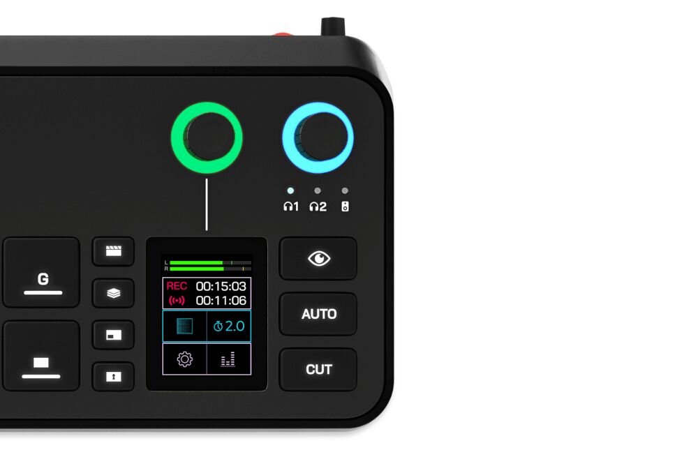 Mikser audio RODE Rodecaster Video - widok z gory, produkcje wyswietlacz