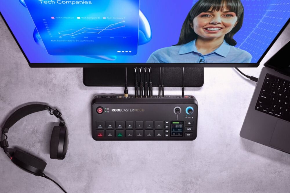 Mikser audio RODE Rodecaster Video - nagrywanie, poklad, dysk twardy, zewnetrzny, widok z gory