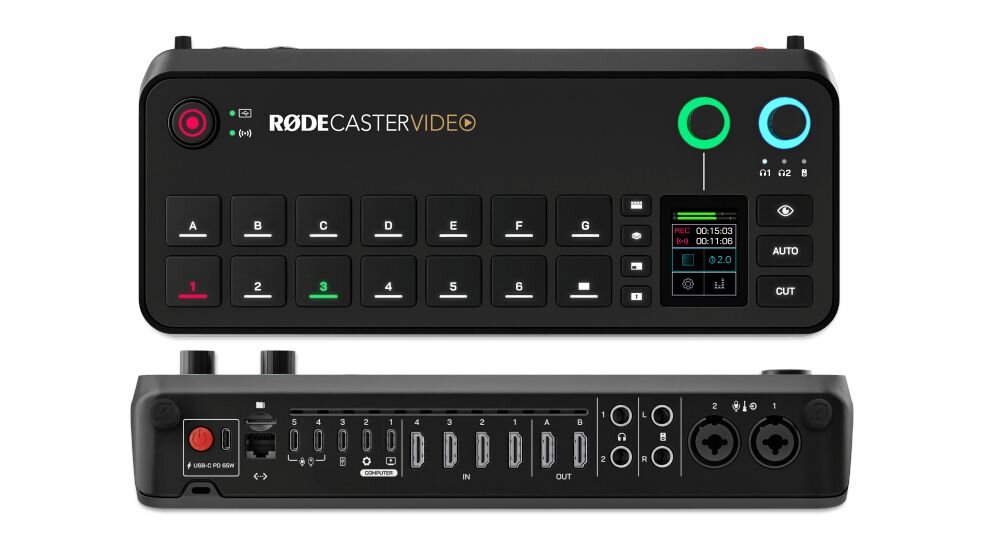 Mikser audio RODE Rodecaster Video - dwie kobiety siedzace na kanapie, mikser na stole, wejscia, wyjscia, wideo