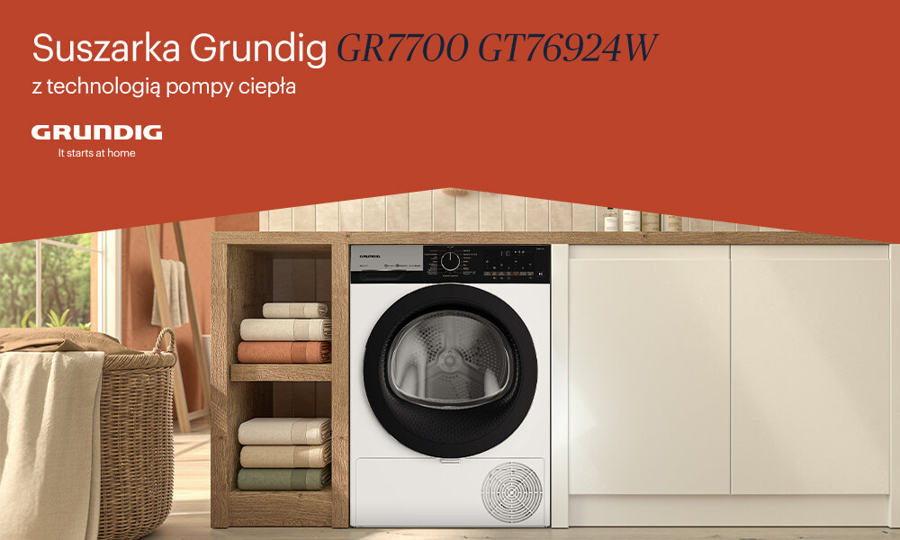 SUSZARKA GRUNDIG GR7700 GT76924W wizualizacja Zdjęcie pokazuje suszarkę Grundig w zabudowie meblowej w stylowym wnętrzu hasło reklamowe model