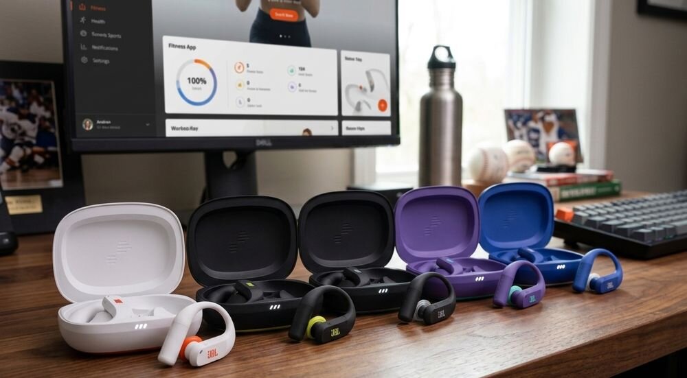 Słuchawki dokanałowe JBL Endurance Peak 4 bezprzewodowe sportowe dźwięk mobilność komfort użytkowania, słuchawki wraz z etui ładującym w róznych kolorach stojące na biurku