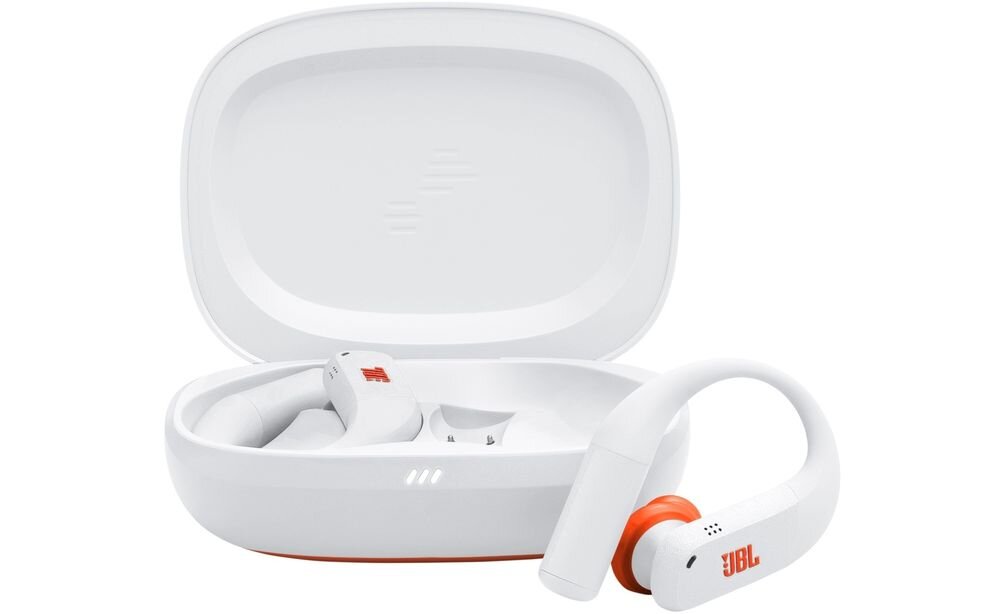 Słuchawki dokanałowe JBL Endurance Peak 4 mikrofony rozmowy redukcja hałasu wiatr, słuchawki z etui ładującym na białym tle