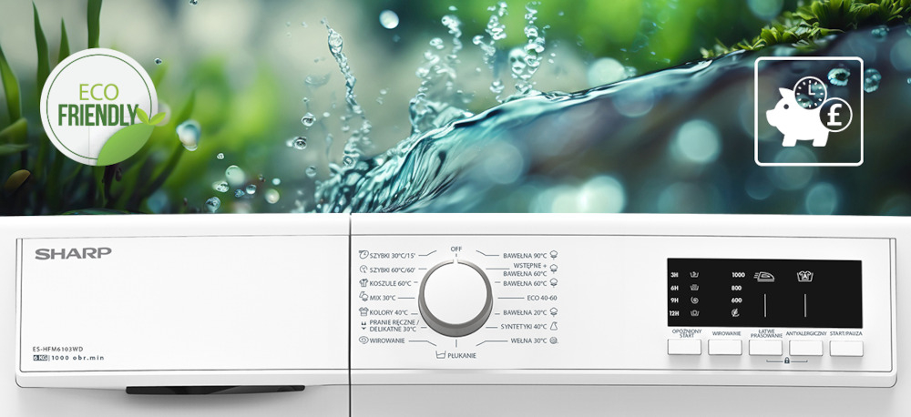 PRALKA SHARP ES-HFM6103WD 6KG 1000OBR system EcoLogic poziom zapełnienia bębna zużycie wody kontrola czujniki