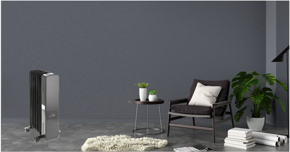 Grzejnik olejowy MISSION AIR Oslo 1500 W moc grzanie ogrzewanie kółka mobliność efektywne równomierne olej timer blokada czas ochrona bezpieczeństwo do biura mieszkania domu trzy tryb pracy 3 funkcje COMFORT ECO ANTYZAMARZANIOWY spadek grzałka wyłączanie automatyczne obsługa panel przyciski dotykowy wyświetlacz LED pilot wifi TUYA SMART smartfon tablet iOS i Android sieć pilot zdalne wygodne