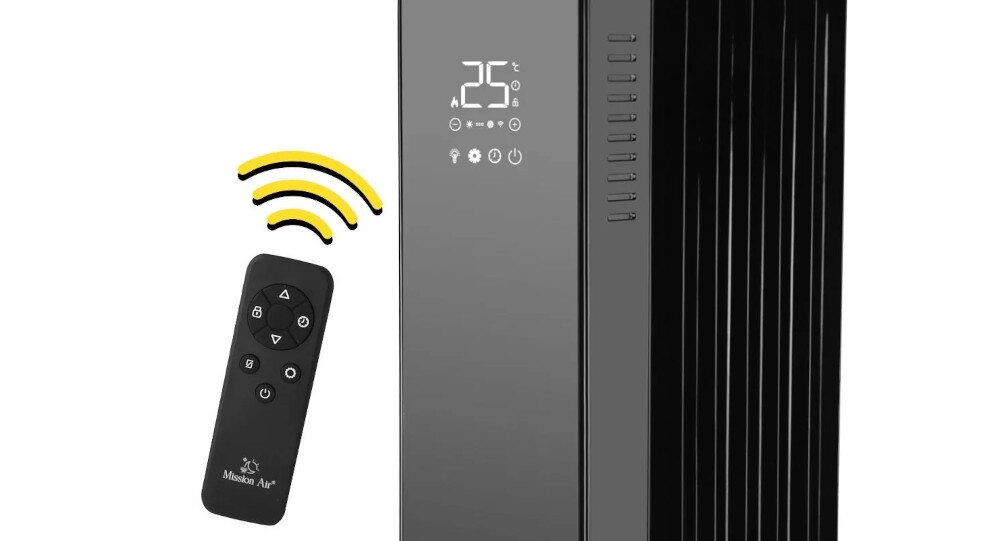 Grzejnik olejowy MISSION AIR Oslo obsługa panel przyciski dotykowy wyświetlacz LED pilot wifi ustawienia regulacja temperatury funkcje blokada