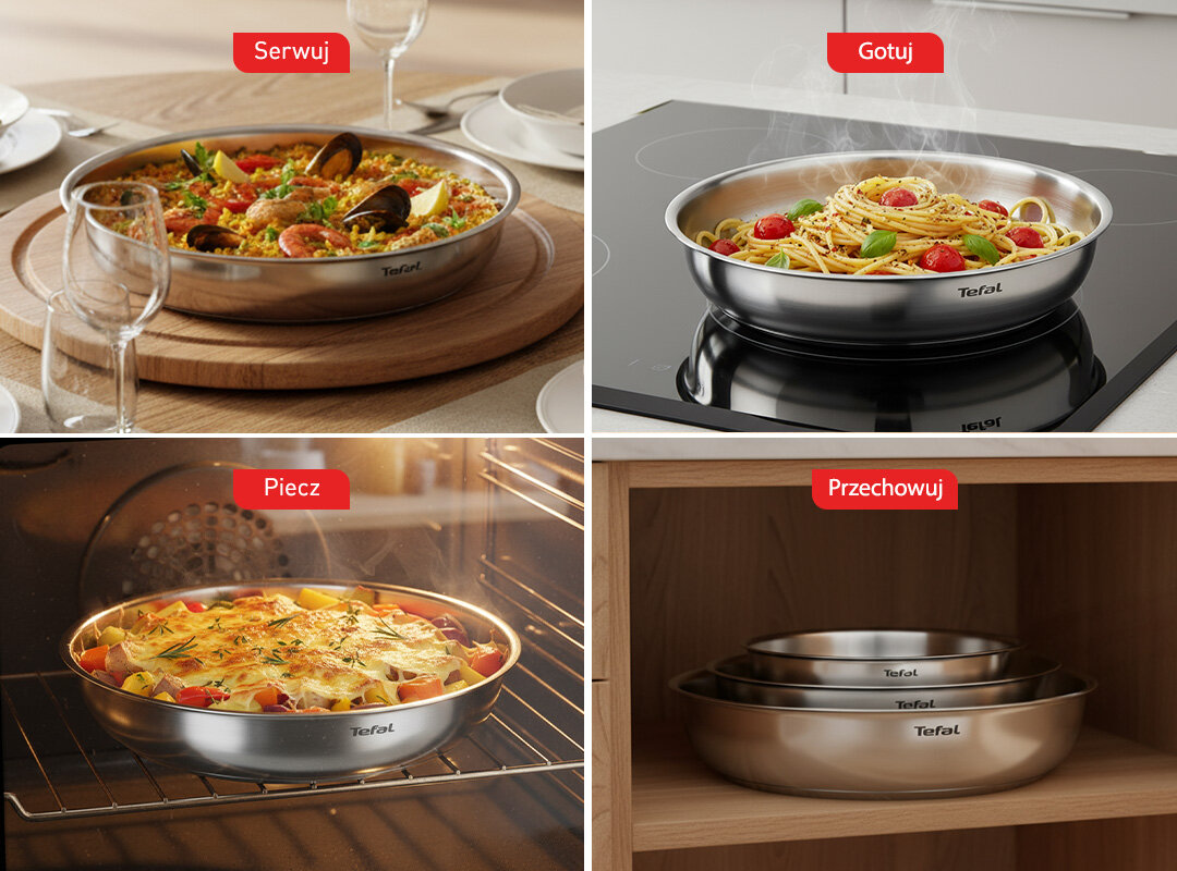 Tefal Ingenio Emotion na stole z gorącym daniem, na płycie indukcyjnej z makaronem, w piekarniku, 3 patelnie w szafce.
