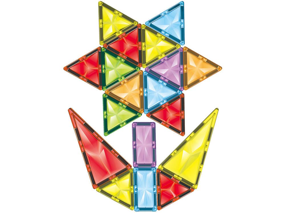 Klocki magnetyczne ASKATO Genialny dzieciak 127705 Wielokolorowy Kwiatek ułożony z kolorowych klocków magnetycznych, pokazujący kreatywne możliwości zestawu.