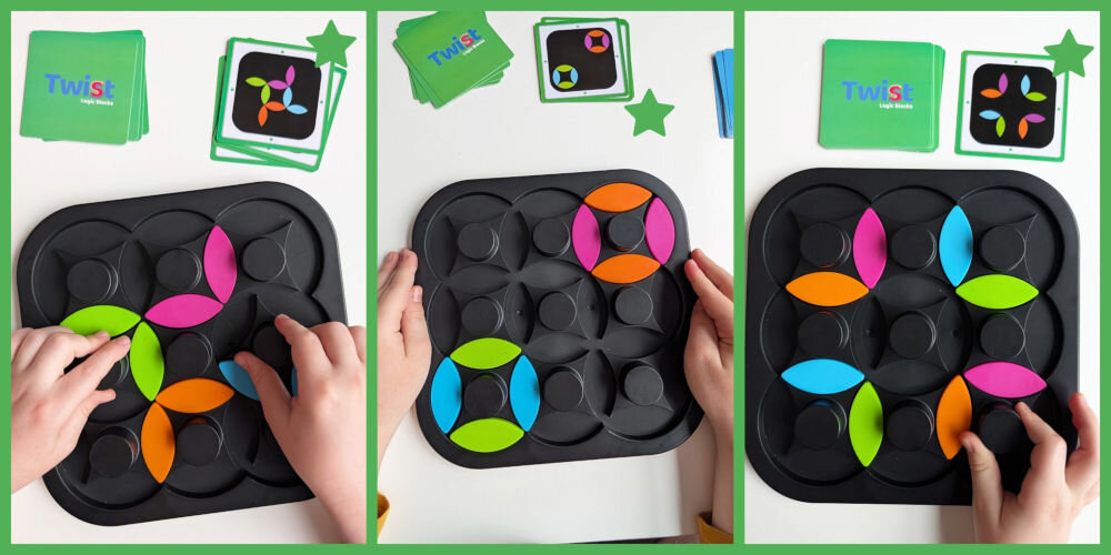 Gra logiczna ASKATO Genialny dzieciak Twist Kręć z głową 127651 Trzy etapy układania łamigłówki Twist Logic Blocks z kolorowymi elementami w kształcie płatków na czarnej planszy.