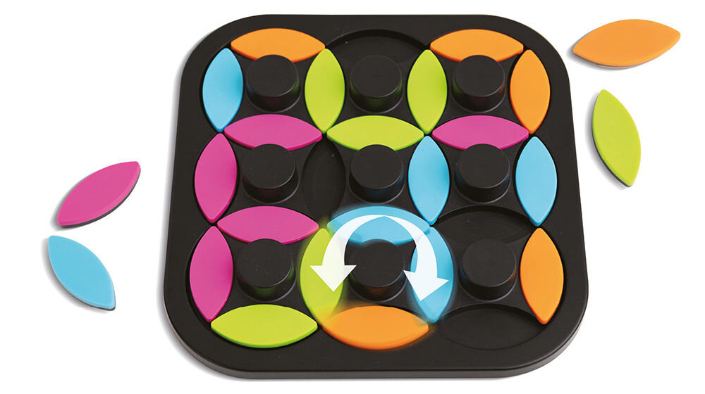 Gra logiczna ASKATO Genialny dzieciak Twist Kręć z głową 127651 Wielokolorowy Czarna plansza gry Twist z instrukcją obrotu środkowego elementu i rozrzuconymi kolorowymi płatkami.