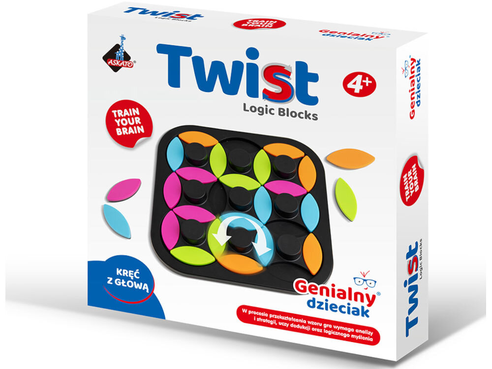 Gra logiczna ASKATO Genialny dzieciak Twist Kręć z głową 127651 Pudełko gry logicznej Twist Logic Blocks marki Askato z serii Genialny Dzieciak dla dzieci powyżej 4 lat.