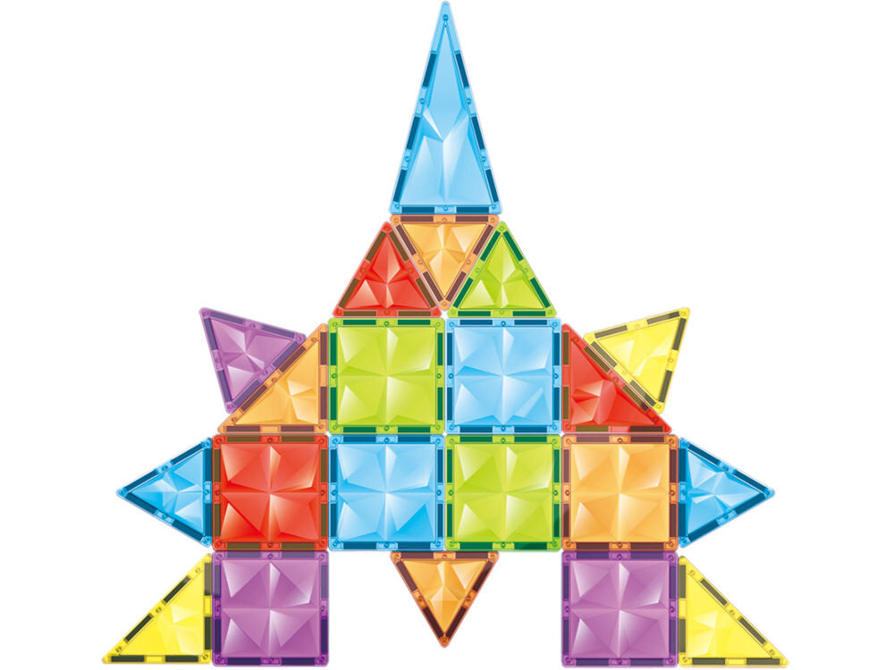 Klocki magnetyczne ASKATO Genialny dzieciak 127712 Wielokolorowy Kolorowy statek kosmiczny lub rakieta ułożona z geometrycznych klocków magnetycznych na białym tle.