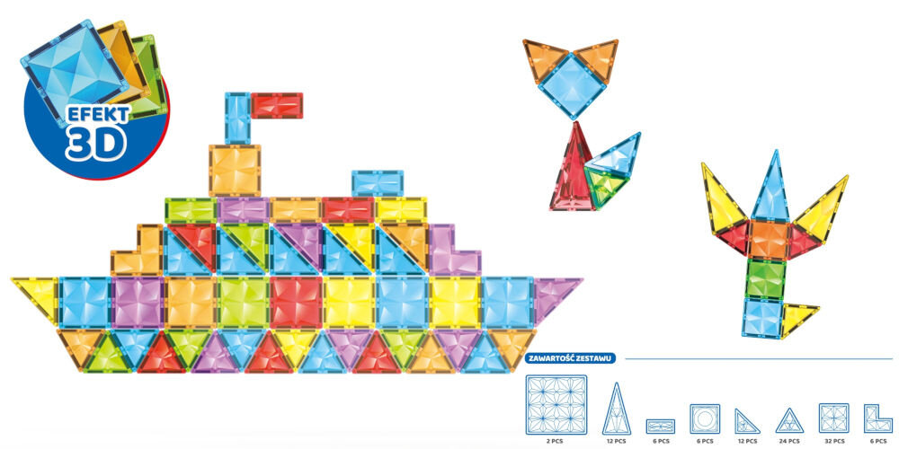 Klocki magnetyczne ASKATO Genialny dzieciak 127712 Duży zestaw klocków magnetycznych (100 elementów) z grafikami statku, kota i kwiatka oraz spisem części.