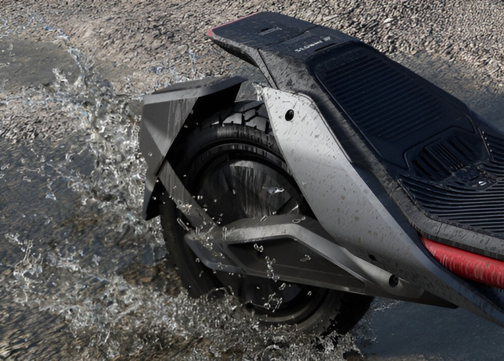 Hulajnoga elektryczna SEGWAY Ninebot ZT3 Pro D 70km 1600W Amortyzacja 11 cali Czarny ulica kałuża tylne koło zanurzone w wodzie rozchlapana woda klasa wodoodporności IPX5 odporność na strumienie wody o niskim ciśnieniu działa stabilnie nawet w mokrych warunkach