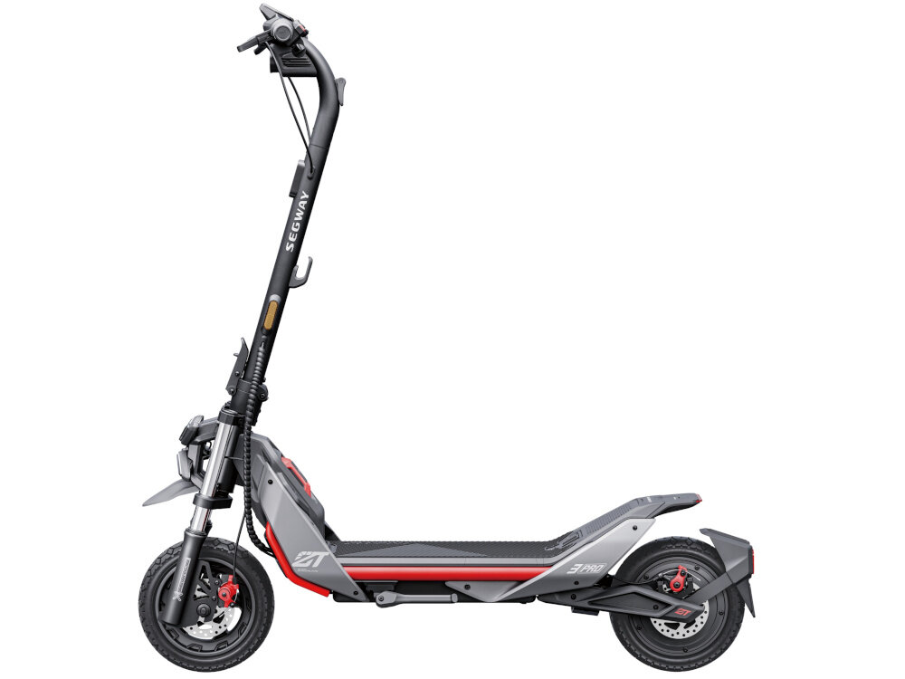 Hulajnoga elektryczna SEGWAY Ninebot ZT3 Pro D 70km 1600W Amortyzacja 11 cali Czarny hulajnoga na białym tle widoczna z boku przedni i tylny hamulec tarczowy mechaniczny bardzo duża siła hamowania wbudowany system TCS system kontroli trakcji utrzymanie większej stabilności podczas jazdy na śliskiej i mokrej drodze