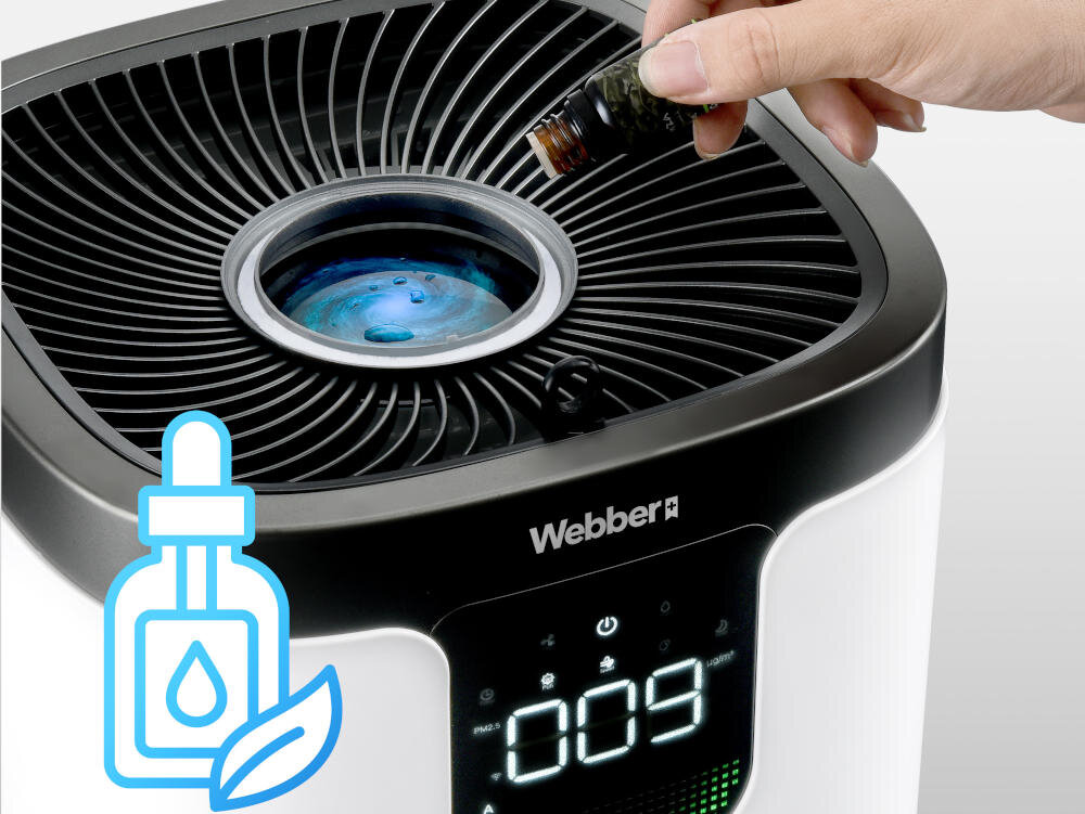 Oczyszczacz powietrza WEBBER Galaxy APEH11003 Nawilżanie i zapach powietrza Funkcja nawilżania do 1200 ml/h chroni drogi oddechowe skórę przed przesuszeniem Aromaterapia z dodatkiem olejków eterycznych 