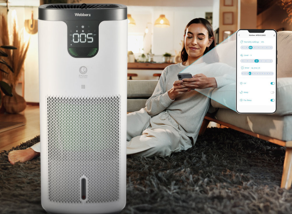 Oczyszczacz powietrza WEBBER Galaxy APEH11003 Wygodne sterowanie zdalne Obsługa przez Wi-Fi  aplikacje Smart Life Tuya pilot kontrola ustawienia dostosowanie