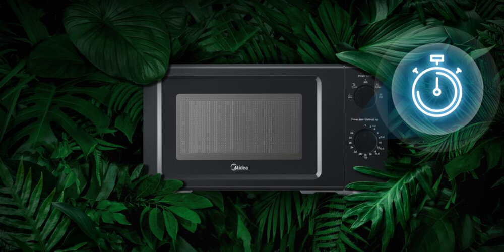 KUCHENKA MIKROFALOWA MIDEA 19L MD-MP012MK-BK liście zieleń natura ikona grafika zegara panel front Szybkie i efektywne gotowanie moc 700 W wybory poziomu mocy czas pokrętła oszczędność