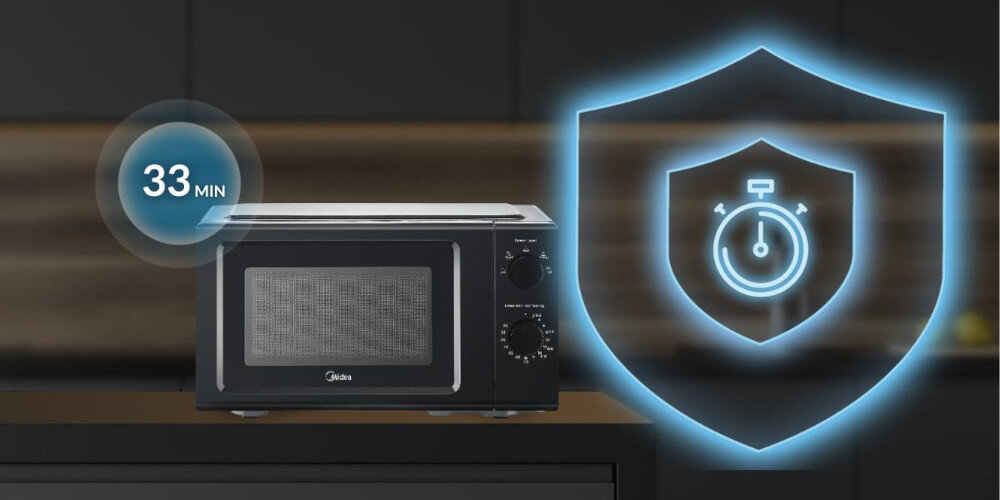 KUCHENKA MIKROFALOWA MIDEA 19L MD-MP012MK-BK front zamknięta zbliżenie panel czas 33 min grafiki Maksymalne bezpieczeństwo timer szeroki zakres napięć automatyczne wyłączenie zapobieanie przegrzaniu szeroki zakres napięć odporna na niestabilne zasilanie