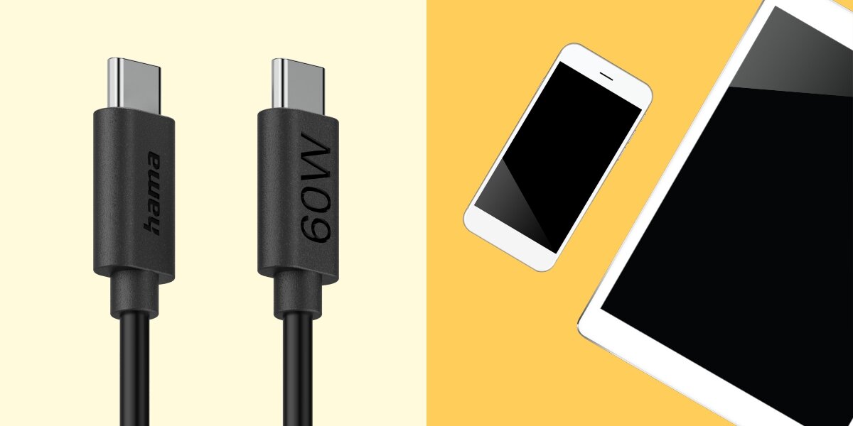 Kabel USB-C - USB-C HAMA 60W 1.2 m - Codzienne zastosowanie, ładowanie i synchronizacja smartfonów oraz tabletów, kadr na końcówki kabla, smartfon oraz tablet