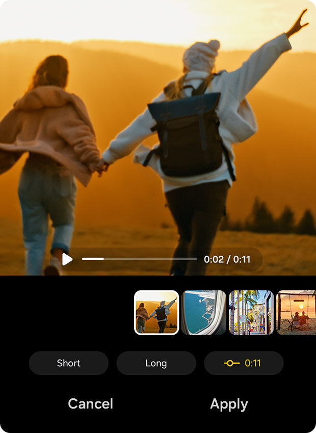 Dwie osoby biegną ręka w rękę w stronę zachodu słońca. Na dole ekranu nałożone są przyciski edycji wideo, w tym „Krótki”, „Długi”, „Anuluj” i „Zastosuj”, a pasek postępu informuje, że wideo jest edytowane z użyciem funkcji automatycznego przycinania. Dwie osoby biegną ręka w rękę w stronę zachodu słońca. Na dole ekranu nałożone są przyciski edycji wideo, w tym „Krótki”, „Długi”, „Anuluj” i „Zastosuj”, a pasek postępu informuje, że wideo jest edytowane z użyciem funkcji automatycznego przycinania.
