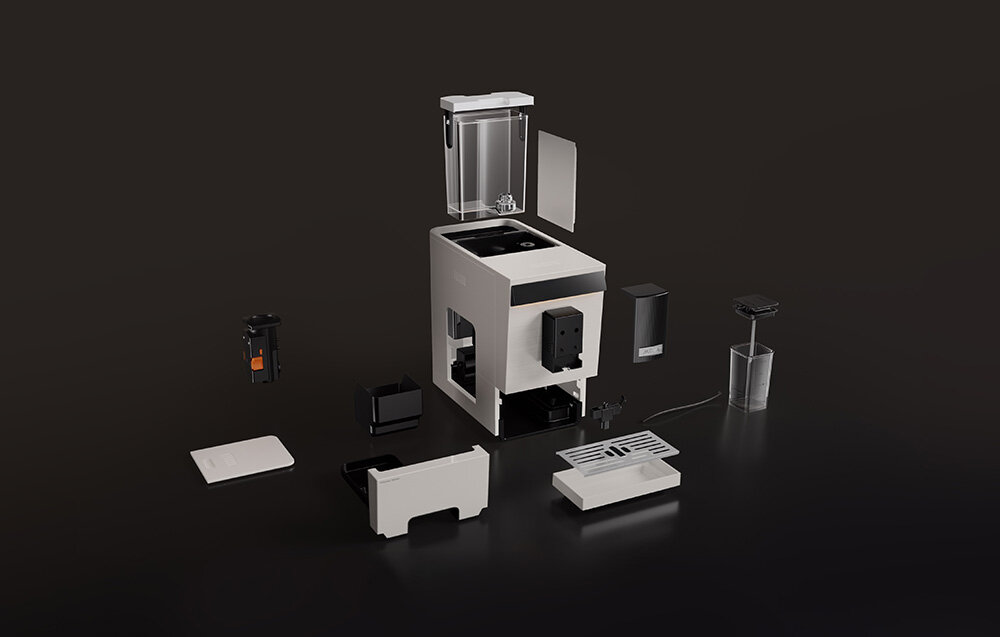 Ekspres MOVA Virtuoso 10 Pro Biały wymiary powierzchnia aranżacja Subtelne, matowe wykończeni ergonomiczny układ elementówe Korpus pochylony o 4,6°  elegancki dodatek