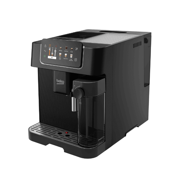 Czarny ekspres do kawy z wyświetlaczem dotykowym i logo \'beko\'. Na wyświetlaczu widoczne są ikony różnych rodzajów kawy.