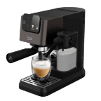 Czarny ekspres do kawy z wyświetlaczem i dyszą do spieniania mleka. Obok znajduje się szklanka z kawą z pianką.