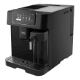 Czarny ekspres do kawy z panelem dotykowym i dyszą do spieniania mleka. Na panelu widoczne są ikony różnych rodzajów kawy.