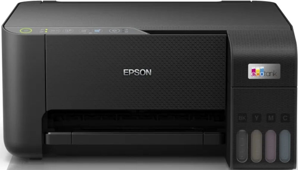 Na obrazie widoczne jest czarne urządzenie wielofunkcyjne z logo \'EPSON\' na przodzie oraz kolorowymi wskaźnikami tuszu z napisem \'EcoTank\'.