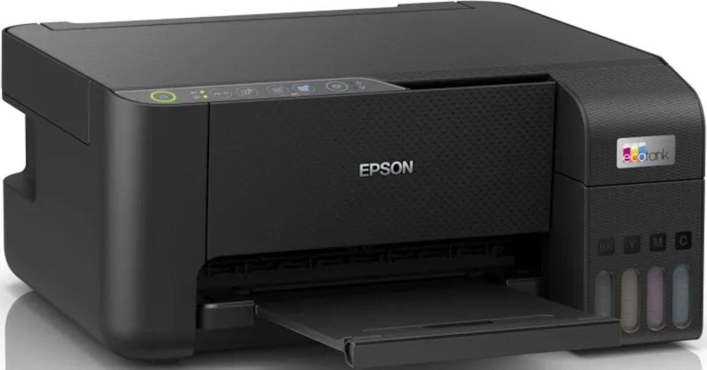 Czarne urządzenie wielofunkcyjne z widocznym logo \'EPSON\' na przednim panelu. Po prawej stronie znajdują się wskaźniki poziomu tuszu z oznaczeniami kolorów C, M, Y, K.