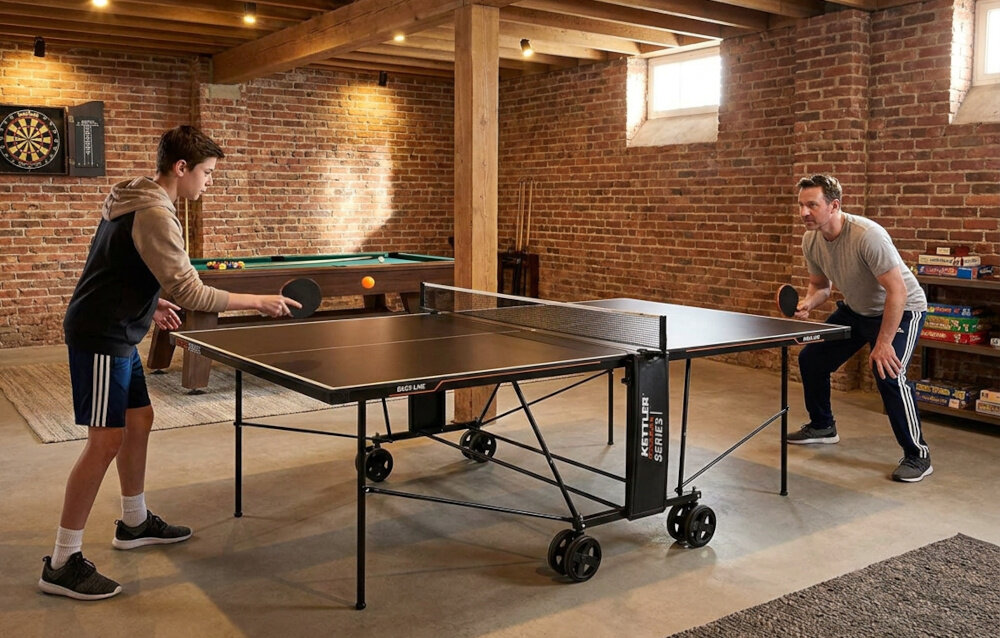 Stół do ping ponga KETTLER Basic Outdoor sala dwie osoby grają w ping ponga gra hobby pasja zabawa