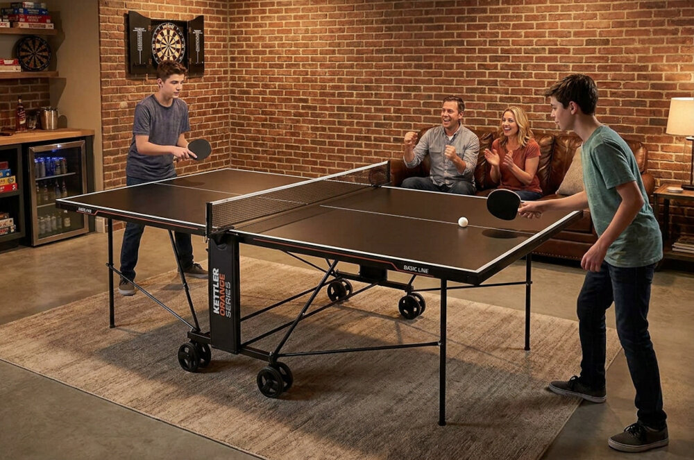 Stół do ping ponga KETTLER Basic Outdoor dwie osoby grają w ping ponga w pokoju Cztery podwójne kółka obrotowe o średnicy 125 mm Obrót kółek umożliwia zmianę kierunku podczas manewrowania hamulce pomagają utrzymać stół w wybranym miejscu