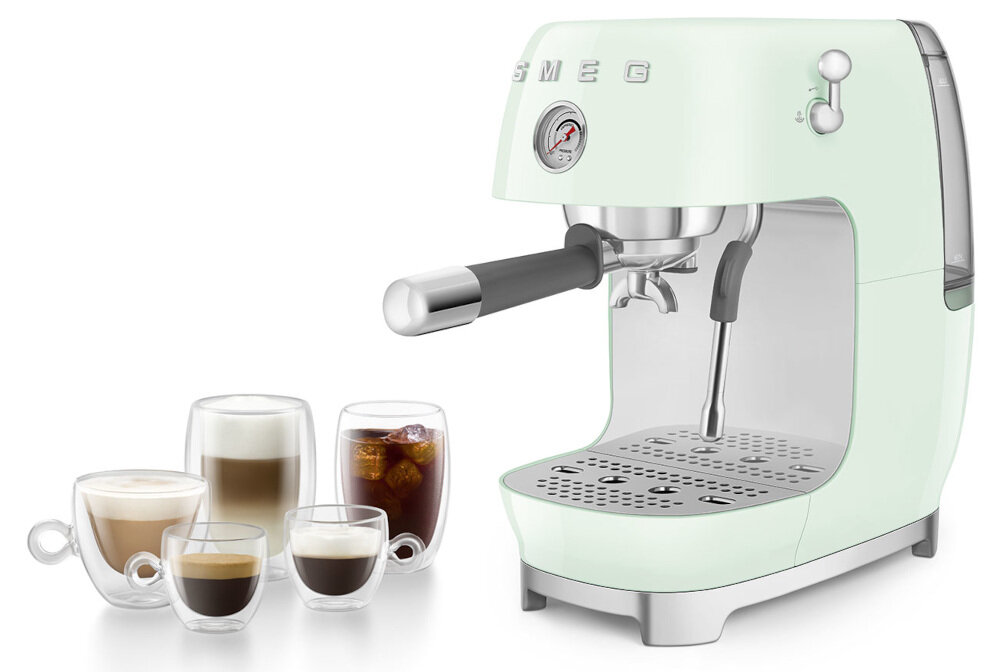 Ekspres SMEG ECF03PGEU Pastelowa zieleń  (Cold Brew) wygląd prezentacja wizualizacja design tło Domowa kawa jak w kawiarni