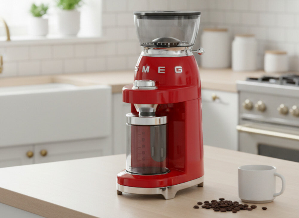 Młynek do kawy SMEG CGF03RDEU Czerwony wygląd design prezentacja wizualizacja Kontrola smaku każdego dnia