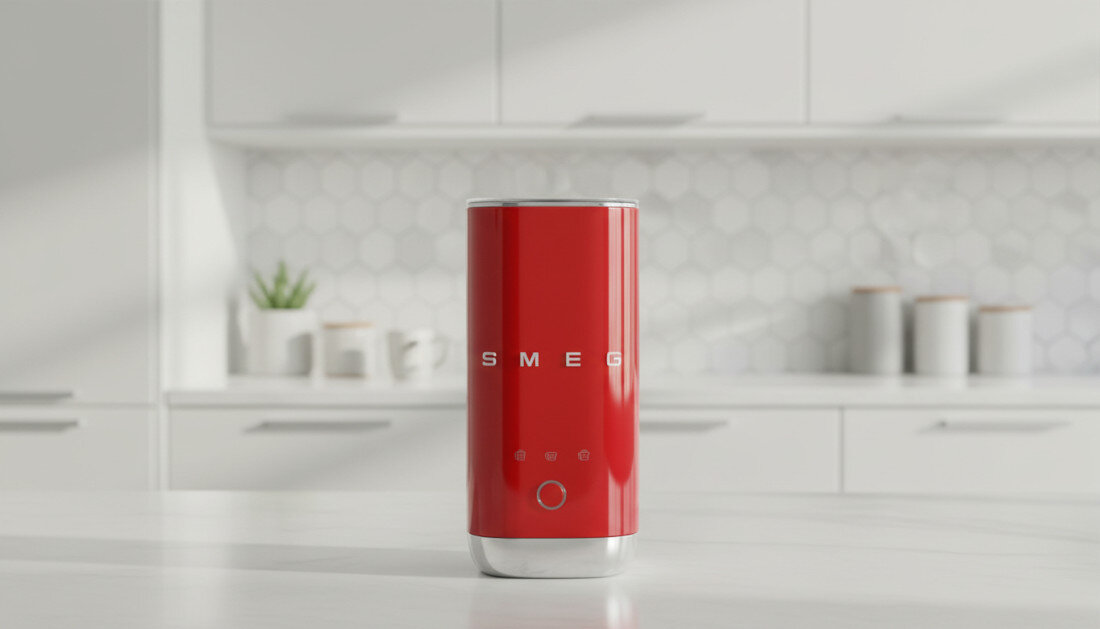 Spieniacz SMEG MFF02RDEU Czerwony wygląd design prezentacja wizualizacja Kremowa pianka w domu