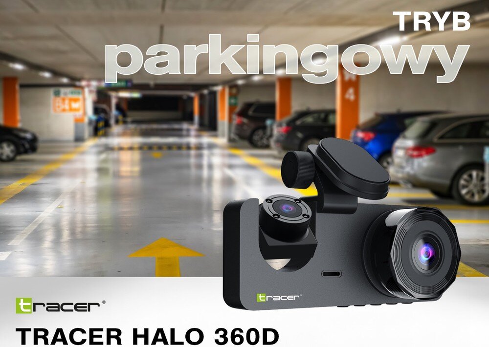Wideorejestrator TRACER Halo 360D z parkingiem w tle   