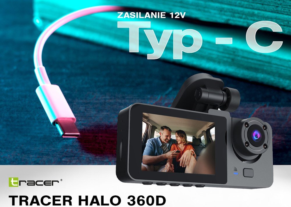 Wideorejestrator TRACER Halo 360D  z kablem w tle 