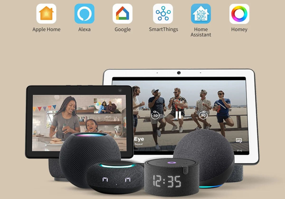 Inteligentny sterownik AQARA HUB S1 Plus EU MP-K03D, połączenie, gama urządzeń, matter, zigbee, kontroler, Na zdjęciu logotypy aplikacji współdziałającymi z urządzeniami aqara, i produktu takie jak głośniki, tablety, notepady