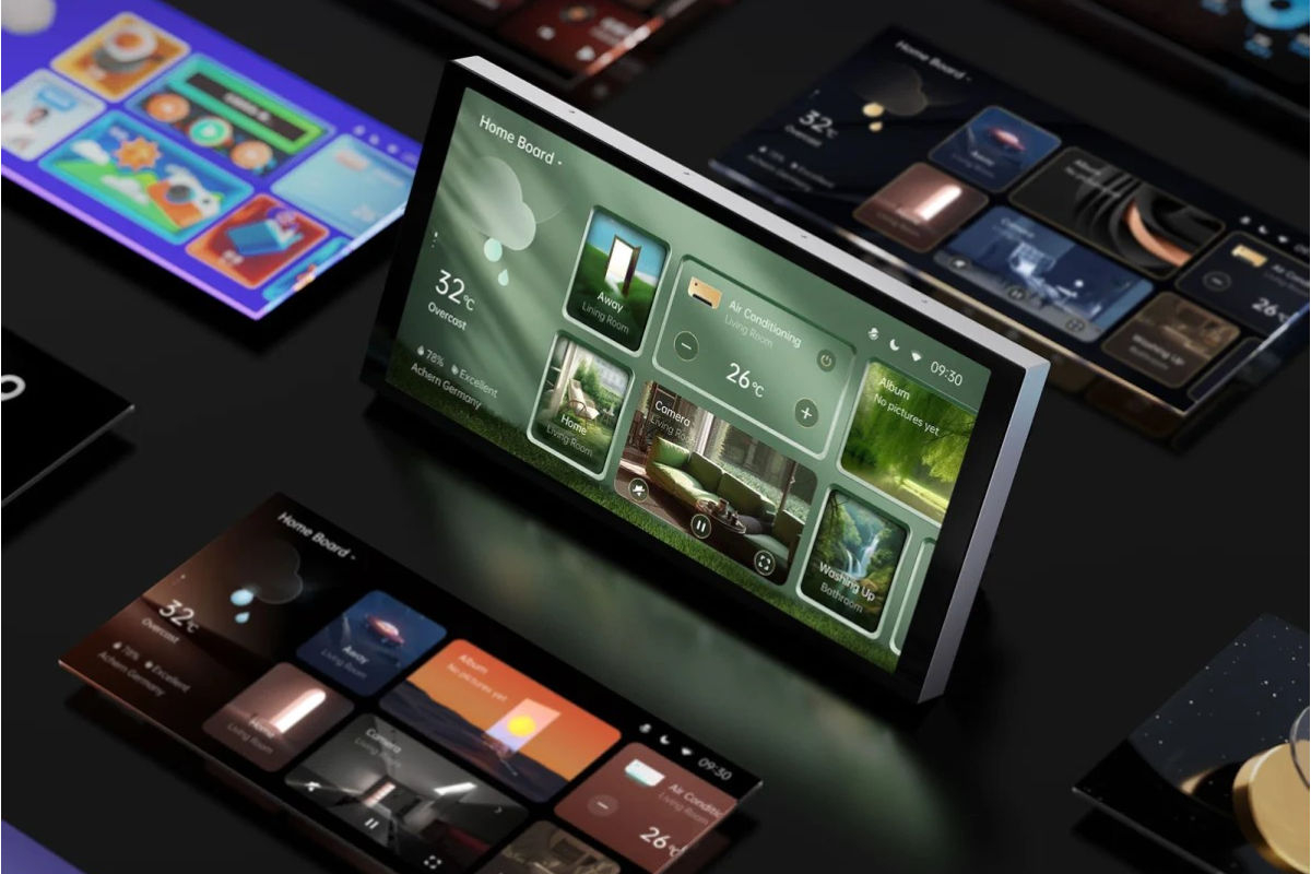 Inteligentny sterownik AQARA HUB S1 Plus EU MP-K03D, interfejs, panel, sceny, intuicja, Panel w tle technologicznym wśród innych paneli, ma włączoną opcję tworzenia motywów graficznych i dostosowania paneli