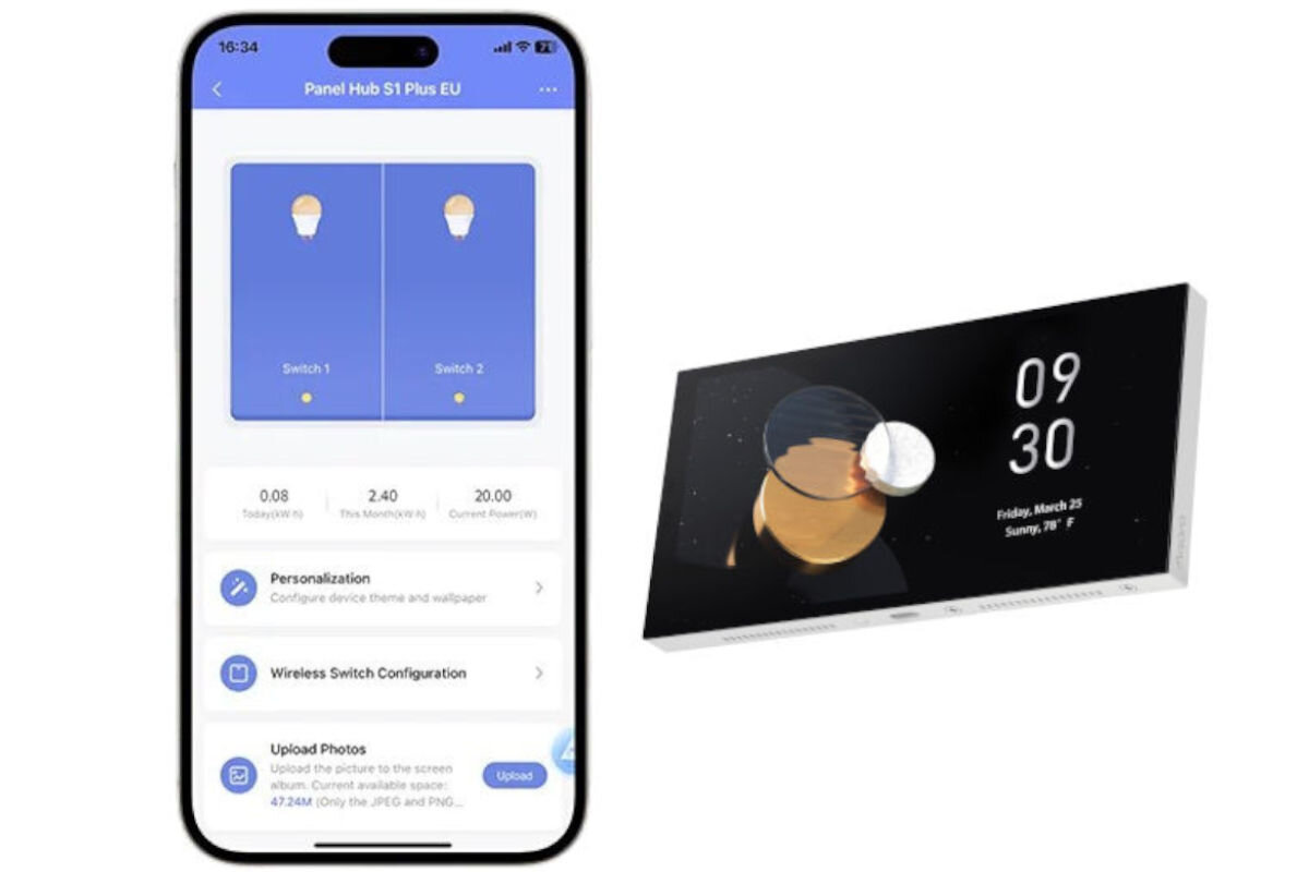 Inteligentny sterownik AQARA HUB S1 Plus EU MP-K03D, zużycie prądu, raport, zestawienie, optymalizacja, Smartfon z aplikacją śledzącą raport wykorzystania energii, obok panel sterowania
