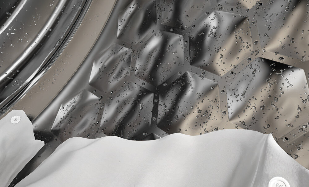 PRALKA MIELE W1 WWA120 WCS zdjęcie lifestyle srebrny Bęben wnętrze SoftCare specjalne ukształtowanie konstrukcja warstwa wody bezpieczne ślizganie prania ochrona włókien