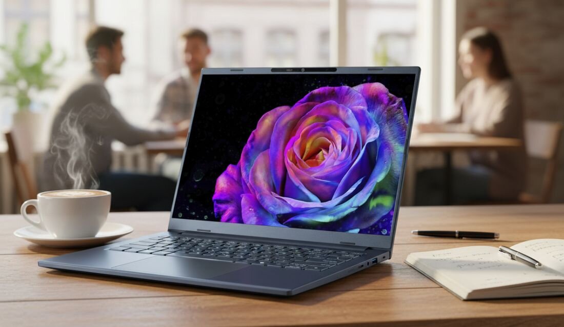 Laptop Acer Aspire z procesorem Intel Core prezentuje wizualizację układu Intel Core na klawiaturze podczas pracy biurowej i wielozadaniowości  