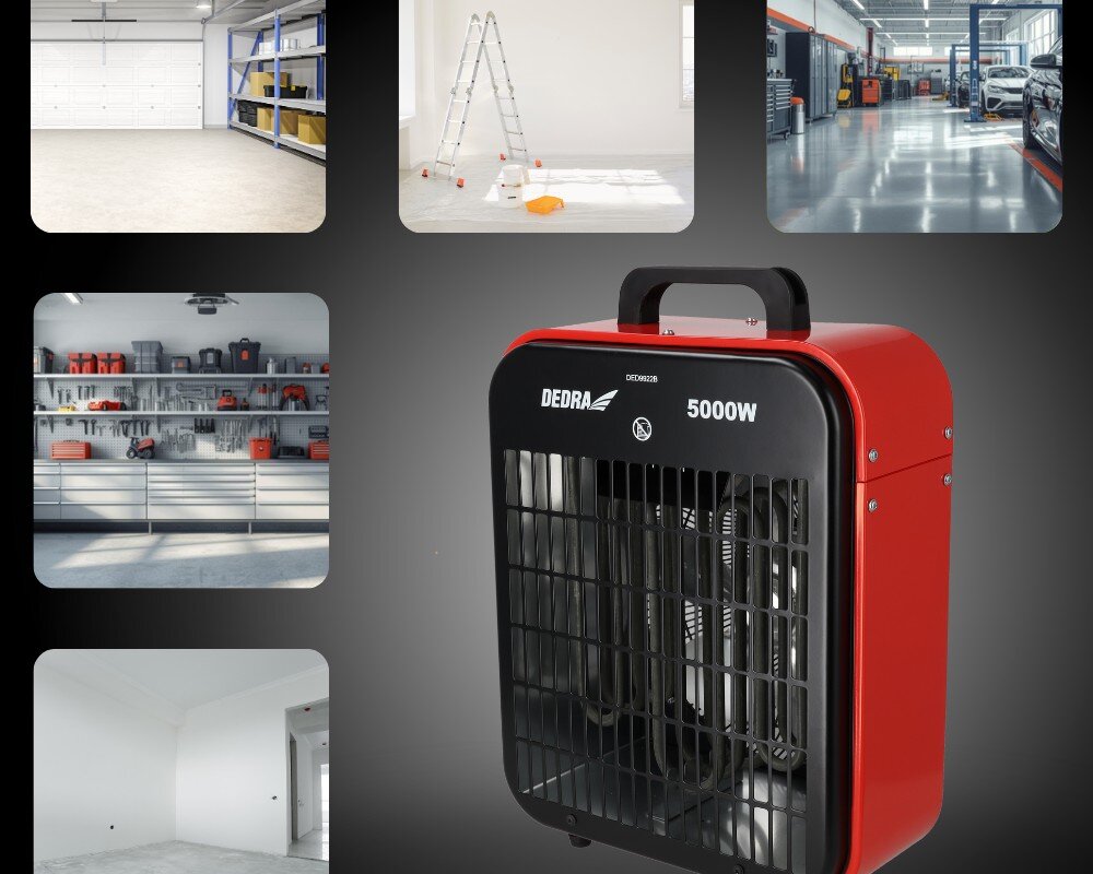 Nagrzewnica elektryczna DEDRA DED9922B, ciepło, nawiew, ogrzewanie, remont, Nagrzewnica DEDRA DED9922B na grafice, zastosowania: garaż, remont, magazyn, warsztat, mieszkanie.