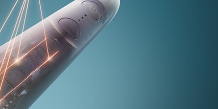 Zbliżenie na wnętrze szczoteczki, z którego roztaczają się laserowe połączenia.