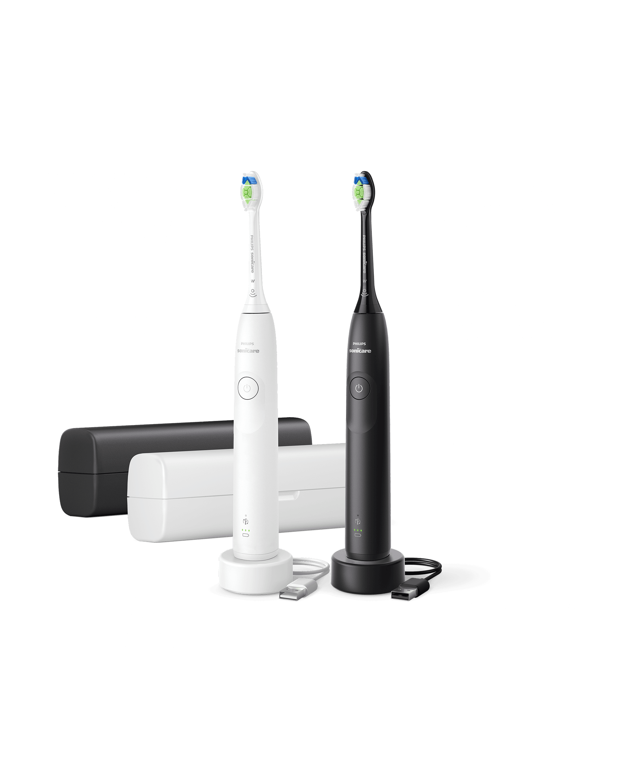Dwie szczoteczki umieszczone w ładowarkach. Obok znajdują się etui.