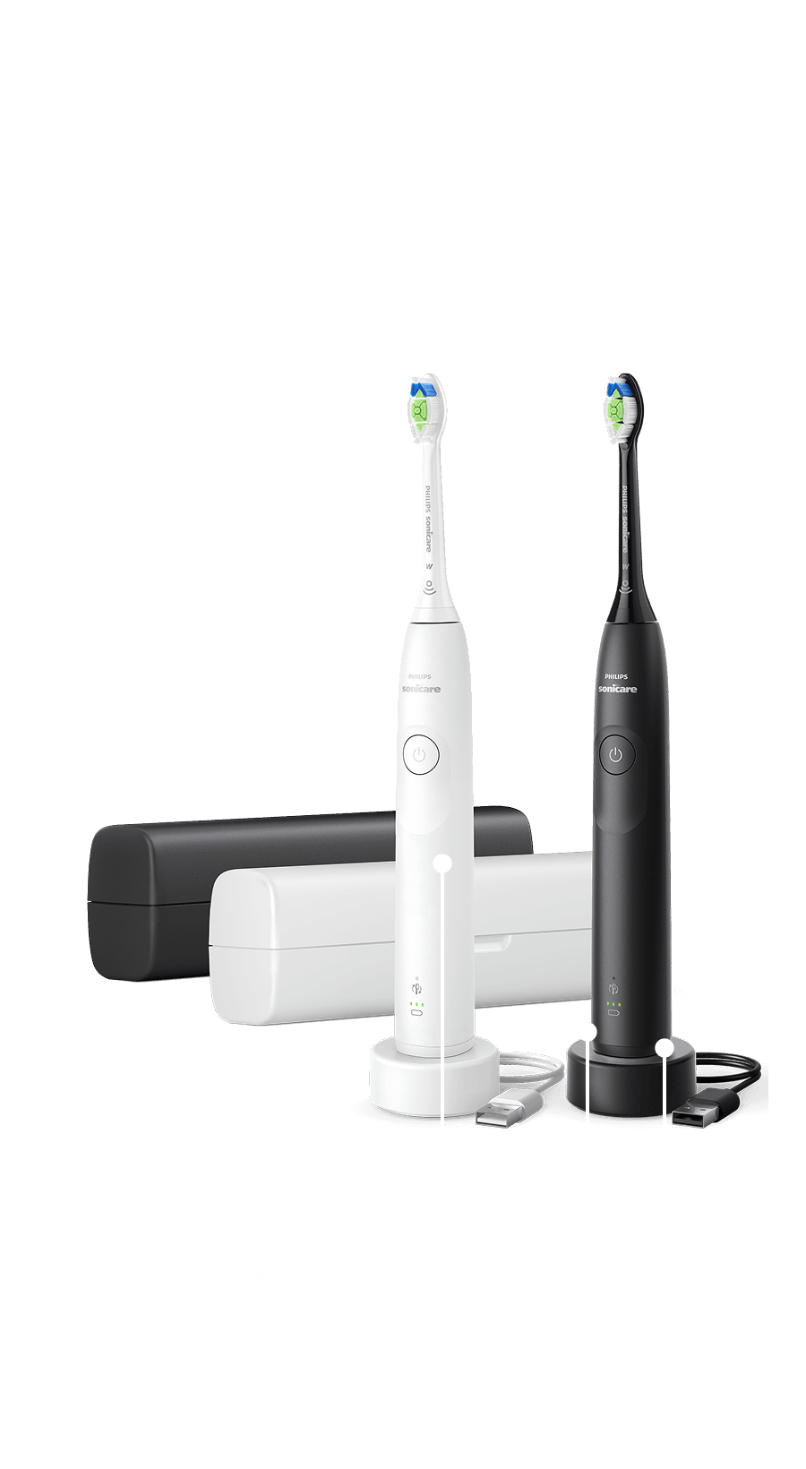 Dwie szczoteczki umieszczone w ładowarkach. Obok znajdują się etui.