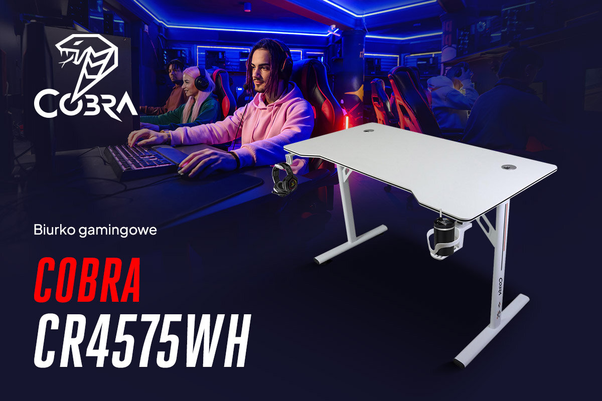 COBRA CR4575WH z uchwytem na słuchawki i bidon w kolorze białym, w tle sala gamingowa