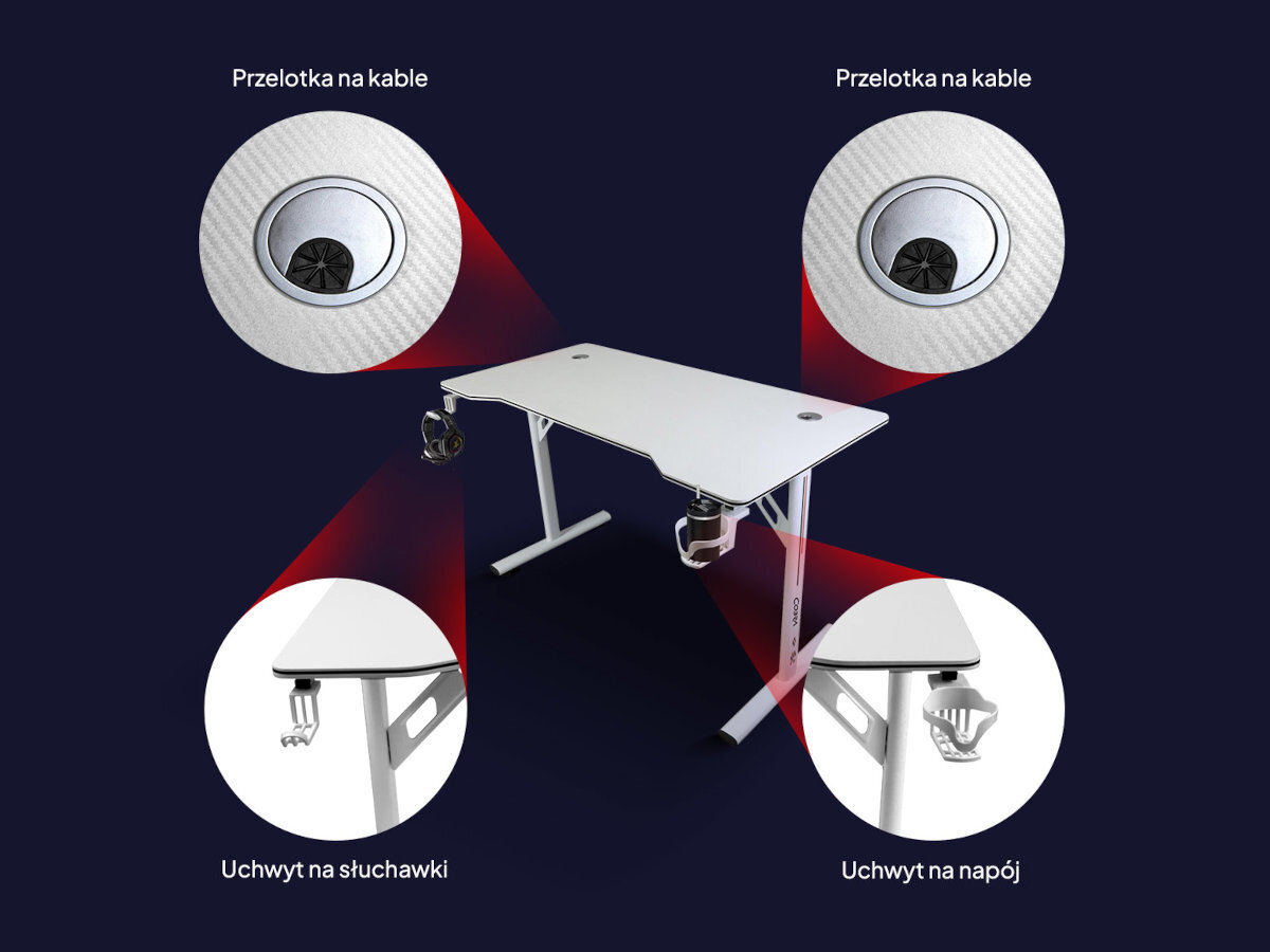 COBRA CR4575WH Blat dwa otwory na kable uchwyty na słuchawki i bidon akcesoriów