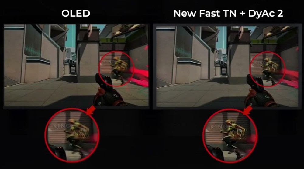 Monitor BENQ XL2566X+ Porównanie obrazu z monitora OLED i Fast TN z technologią DyAc 2 podczas dynamicznego ruchu w grze; zaznaczono poziom rozmycia postaci, technologia DyAc, podwójne podświetlenie, rozmycie